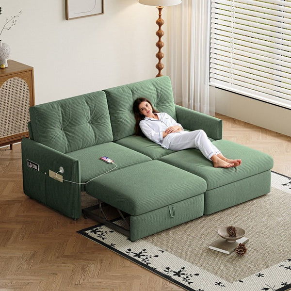 English Elm Sleeper Sectional Sofa with Ottoman Storage and USB Ports for Compact Living Spaces Green Corduroy W3820S00051