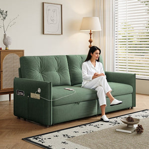 English Elm Sleeper Sectional Sofa with Ottoman Storage and USB Ports for Compact Living Spaces Green Corduroy W3820S00051