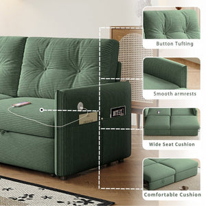 English Elm Sleeper Sectional Sofa with Ottoman Storage and USB Ports for Compact Living Spaces Green Corduroy W3820S00051