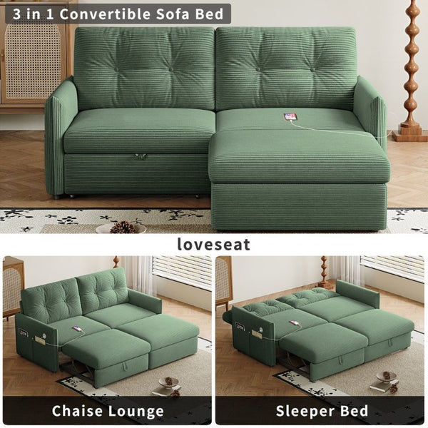 English Elm Sleeper Sectional Sofa with Ottoman Storage and USB Ports for Compact Living Spaces Green Corduroy W3820S00051
