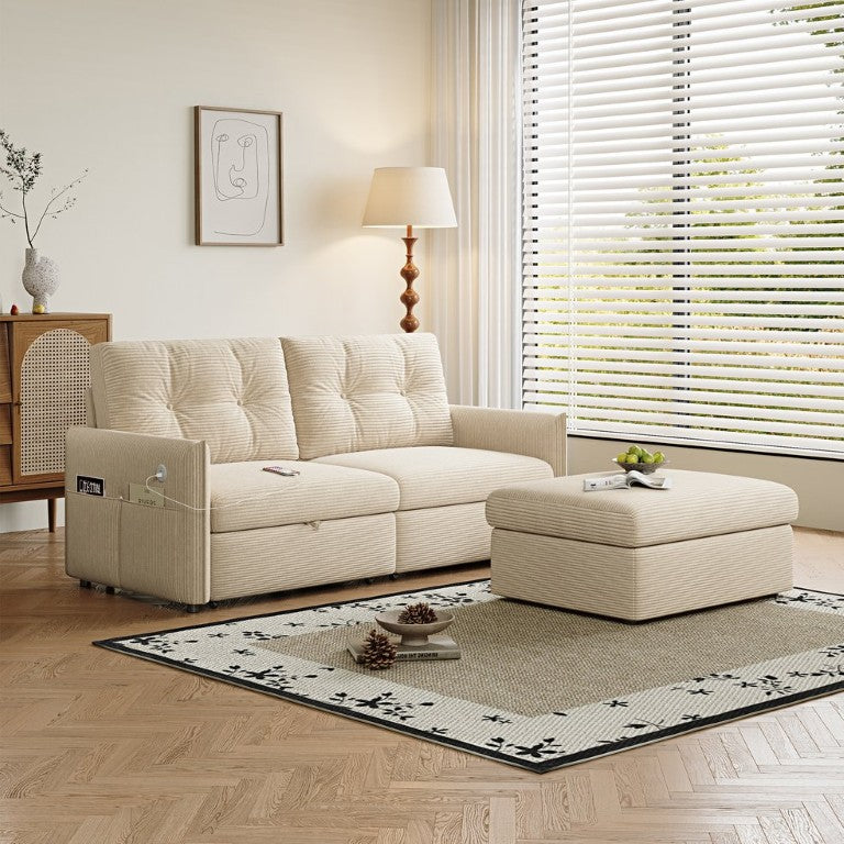 English Elm Sleeper Sectional Sofa with Ottoman Storage and USB Ports for Compact Living Spaces Beige Corduroy W3820S00052