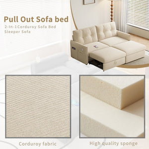 English Elm Sleeper Sectional Sofa with Ottoman Storage and USB Ports for Compact Living Spaces Beige Corduroy W3820S00052