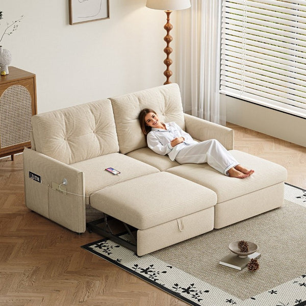 English Elm Sleeper Sectional Sofa with Ottoman Storage and USB Ports for Compact Living Spaces Beige Corduroy W3820S00052