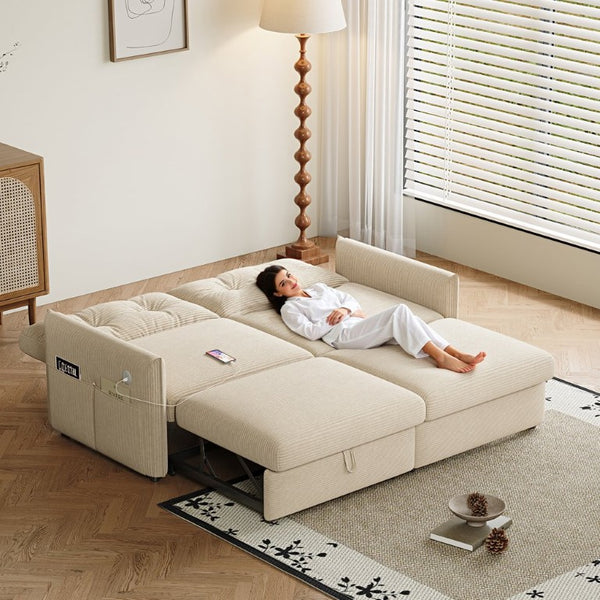English Elm Sleeper Sectional Sofa with Ottoman Storage and USB Ports for Compact Living Spaces Beige Corduroy W3820S00052