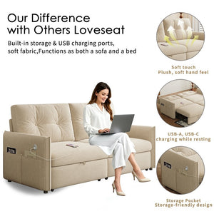English Elm Sleeper Sectional Sofa with Ottoman Storage and USB Ports for Compact Living Spaces Beige Corduroy W3820S00052