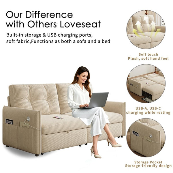 English Elm Sleeper Sectional Sofa with Ottoman Storage and USB Ports for Compact Living Spaces Beige Corduroy W3820S00052