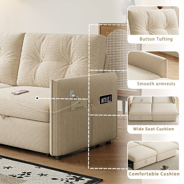 English Elm Sleeper Sectional Sofa with Ottoman Storage and USB Ports for Compact Living Spaces Beige Corduroy W3820S00052