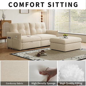 English Elm Sleeper Sectional Sofa with Ottoman Storage and USB Ports for Compact Living Spaces Beige Corduroy W3820S00052