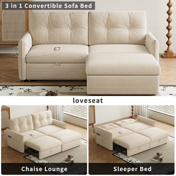 English Elm Sleeper Sectional Sofa with Ottoman Storage and USB Ports for Compact Living Spaces Beige Corduroy W3820S00052