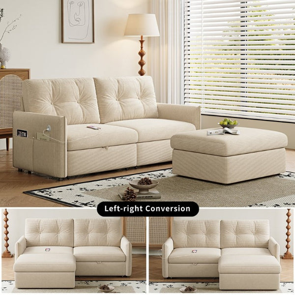 English Elm Sleeper Sectional Sofa with Ottoman Storage and USB Ports for Compact Living Spaces Beige Corduroy W3820S00052