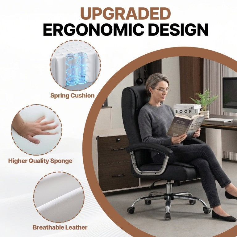 English Elm Executive High Back PU Leather Office Chair Spring Cushion Chrome Arms 350Lb Capacity Black W3835P483845