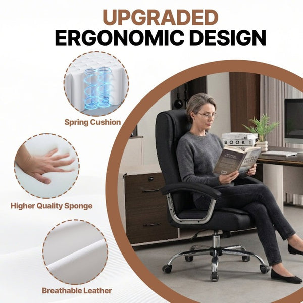 English Elm Executive High Back PU Leather Office Chair Spring Cushion Chrome Arms 350Lb Capacity Black W3835P483845