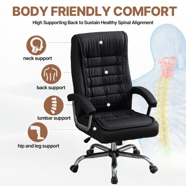 English Elm Executive High Back PU Leather Office Chair Spring Cushion Chrome Arms 350Lb Capacity Black W3835P483845