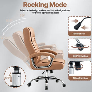 English Elm Executive High Back PU Leather Office Chair Spring Cushion Chrome Arms 350Lb Capacity Camel W3835P483846