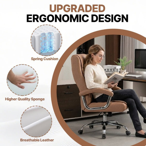 English Elm Executive High Back PU Leather Office Chair Spring Cushion Chrome Arms 350Lb Capacity Camel W3835P483846
