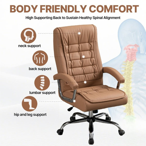 English Elm Executive High Back PU Leather Office Chair Spring Cushion Chrome Arms 350Lb Capacity Camel W3835P483846