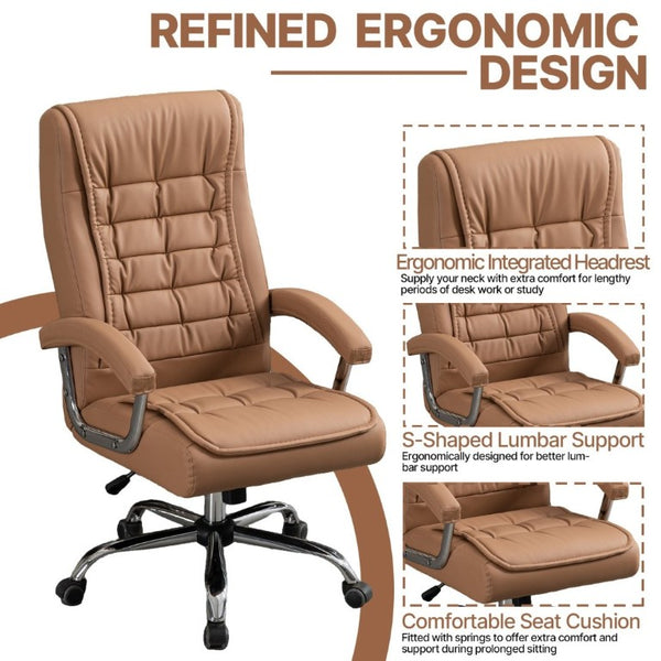 English Elm Executive High Back PU Leather Office Chair Spring Cushion Chrome Arms 350Lb Capacity Camel W3835P483846