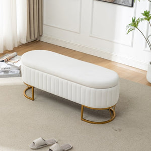 English Elm Storage Bench Velvet Upholstered Oval Ottoman with Gold Legs for Bedroom Entryway Ivory W3835P483931