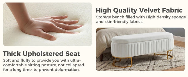 English Elm Storage Bench Velvet Upholstered Oval Ottoman with Gold Legs for Bedroom Entryway Ivory W3835P483931