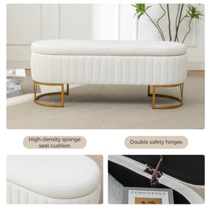 English Elm Storage Bench Velvet Upholstered Oval Ottoman with Gold Legs for Bedroom Entryway Ivory W3835P483931