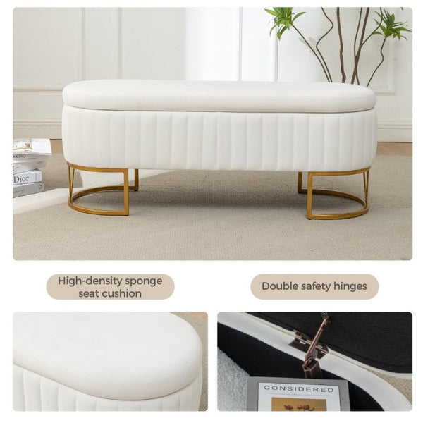 English Elm Storage Bench Velvet Upholstered Oval Ottoman with Gold Legs for Bedroom Entryway Ivory W3835P483931