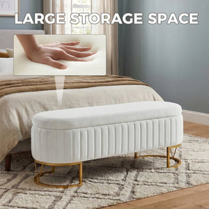 English Elm Storage Bench Velvet Upholstered Oval Ottoman with Gold Legs for Bedroom Entryway Ivory W3835P483931