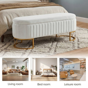 English Elm Storage Bench Velvet Upholstered Oval Ottoman with Gold Legs for Bedroom Entryway Ivory W3835P483931