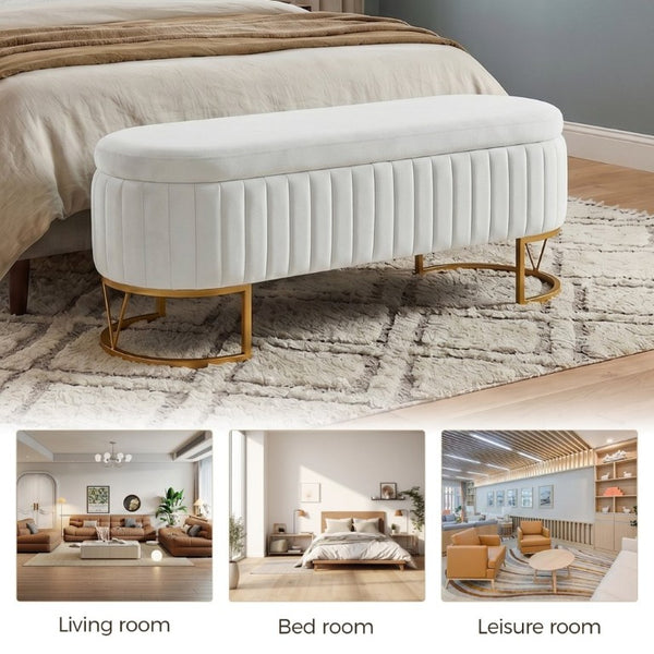 English Elm Storage Bench Velvet Upholstered Oval Ottoman with Gold Legs for Bedroom Entryway Ivory W3835P483931
