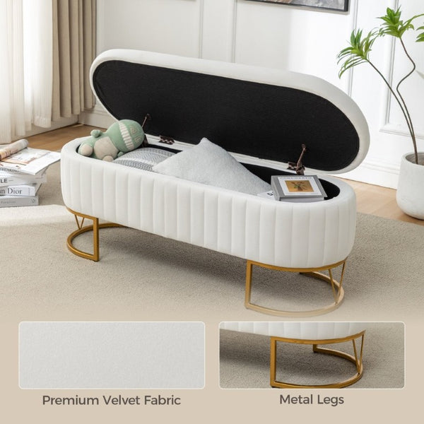 English Elm Storage Bench Velvet Upholstered Oval Ottoman with Gold Legs for Bedroom Entryway Ivory W3835P483931