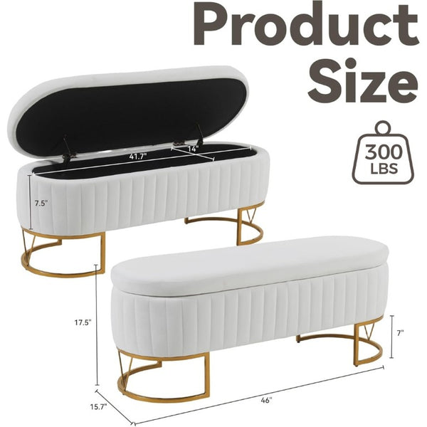 English Elm Storage Bench Velvet Upholstered Oval Ottoman with Gold Legs for Bedroom Entryway Ivory W3835P483931