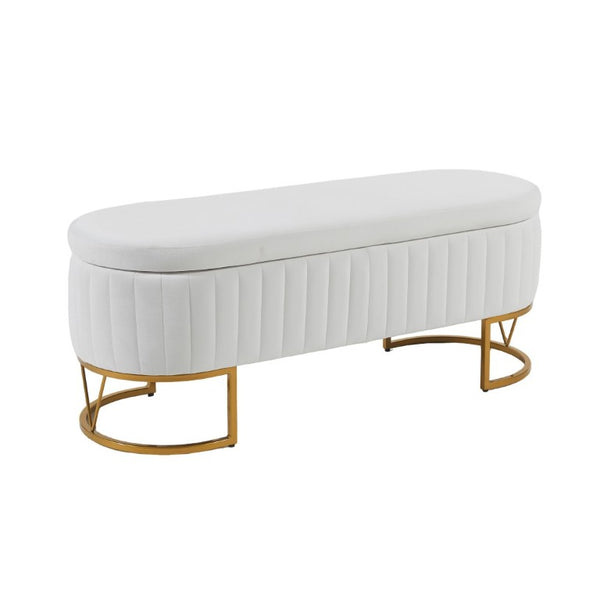 English Elm Storage Bench Velvet Upholstered Oval Ottoman with Gold Legs for Bedroom Entryway Ivory W3835P483931