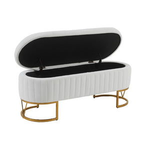 English Elm Storage Bench Velvet Upholstered Oval Ottoman with Gold Legs for Bedroom Entryway Ivory W3835P483931