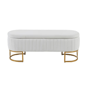 English Elm Storage Bench Velvet Upholstered Oval Ottoman with Gold Legs for Bedroom Entryway Ivory W3835P483931