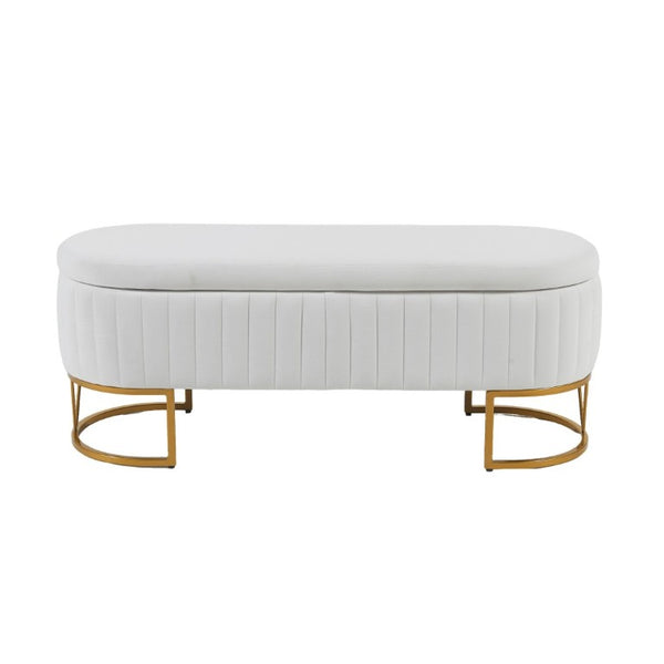 English Elm Storage Bench Velvet Upholstered Oval Ottoman with Gold Legs for Bedroom Entryway Ivory W3835P483931