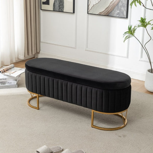 English Elm Storage Bench Velvet Upholstered Oval Ottoman with Gold Legs for Bedroom Entryway Black W3835P483991