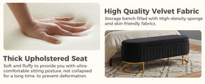 English Elm Storage Bench Velvet Upholstered Oval Ottoman with Gold Legs for Bedroom Entryway Black W3835P483991
