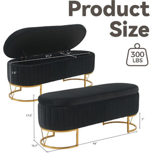 English Elm Storage Bench Velvet Upholstered Oval Ottoman with Gold Legs for Bedroom Entryway Black W3835P483991