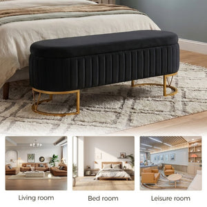 English Elm Storage Bench Velvet Upholstered Oval Ottoman with Gold Legs for Bedroom Entryway Black W3835P483991