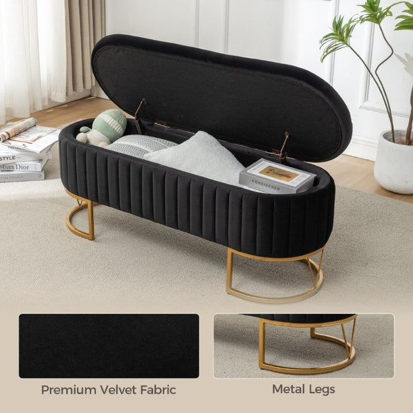 English Elm Storage Bench Velvet Upholstered Oval Ottoman with Gold Legs for Bedroom Entryway Black W3835P483991