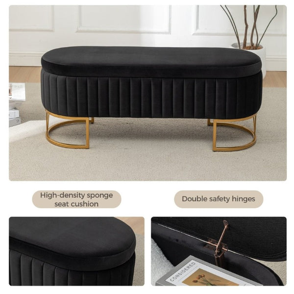 English Elm Storage Bench Velvet Upholstered Oval Ottoman with Gold Legs for Bedroom Entryway Black W3835P483991