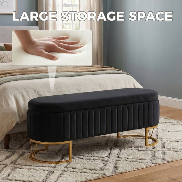 English Elm Storage Bench Velvet Upholstered Oval Ottoman with Gold Legs for Bedroom Entryway Black W3835P483991