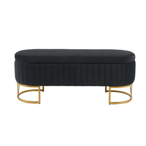 English Elm Storage Bench Velvet Upholstered Oval Ottoman with Gold Legs for Bedroom Entryway Black W3835P483991