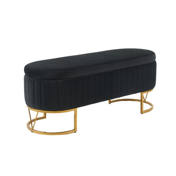 English Elm Storage Bench Velvet Upholstered Oval Ottoman with Gold Legs for Bedroom Entryway Black W3835P483991