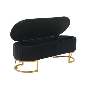 English Elm Storage Bench Velvet Upholstered Oval Ottoman with Gold Legs for Bedroom Entryway Black W3835P483991