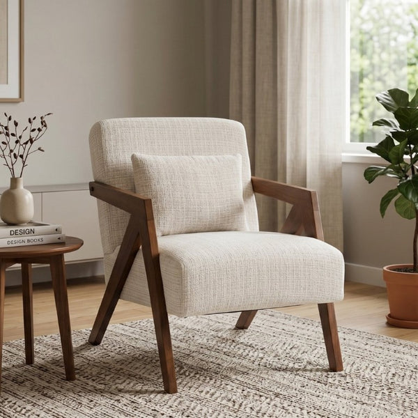 English Elm Mid-Century Modern Chenille Accent Chair Sculptural Z Frame Solid Wood Living Room Seat Beige W3835P484072
