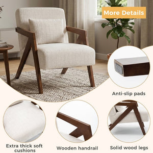 English Elm Mid-Century Modern Chenille Accent Chair Sculptural Z Frame Solid Wood Living Room Seat Beige W3835P484072