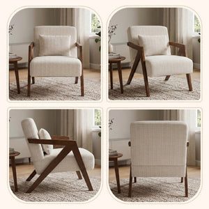English Elm Mid-Century Modern Chenille Accent Chair Sculptural Z Frame Solid Wood Living Room Seat Beige W3835P484072