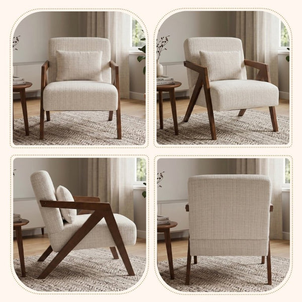 English Elm Mid-Century Modern Chenille Accent Chair Sculptural Z Frame Solid Wood Living Room Seat Beige W3835P484072