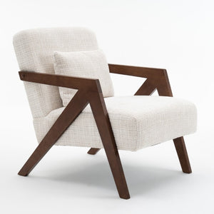 English Elm Mid-Century Modern Chenille Accent Chair Sculptural Z Frame Solid Wood Living Room Seat Beige W3835P484072