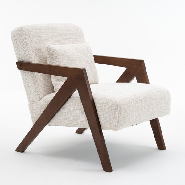 English Elm Mid-Century Modern Chenille Accent Chair Sculptural Z Frame Solid Wood Living Room Seat Beige W3835P484072